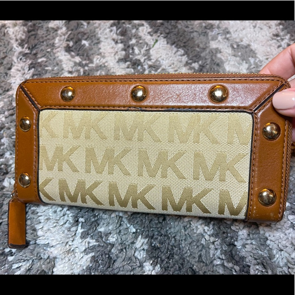 Michael Kors Brown and Gold Tan Monogrammed Leather and fabric wallet